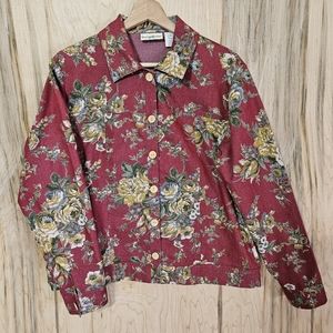 TravelSmith Womens Size Medium Red Floral Button Front Jacket Stretch Comfort